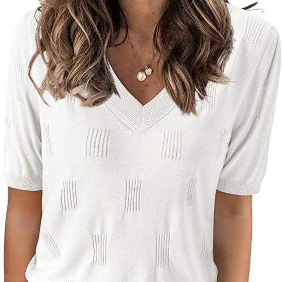 Short Sleeve Sweater V-Neck Lightweight Thin Knit Blouse - Picture 1 of 5